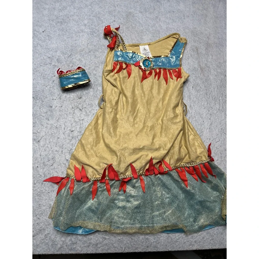 Disney Pocahontas Costume Dress Girls Size 9/10 Tan Turquoise Gold with Arm Cuff - Picture 1 of 3